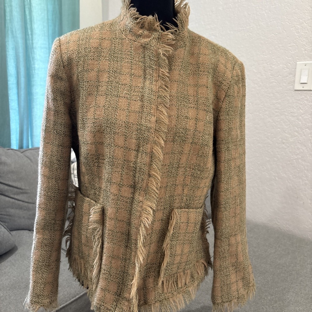 HARVE BERNARD Wool Plaid Blazer Jacket Sz 12 Zip Front Fringe Trim Vintage